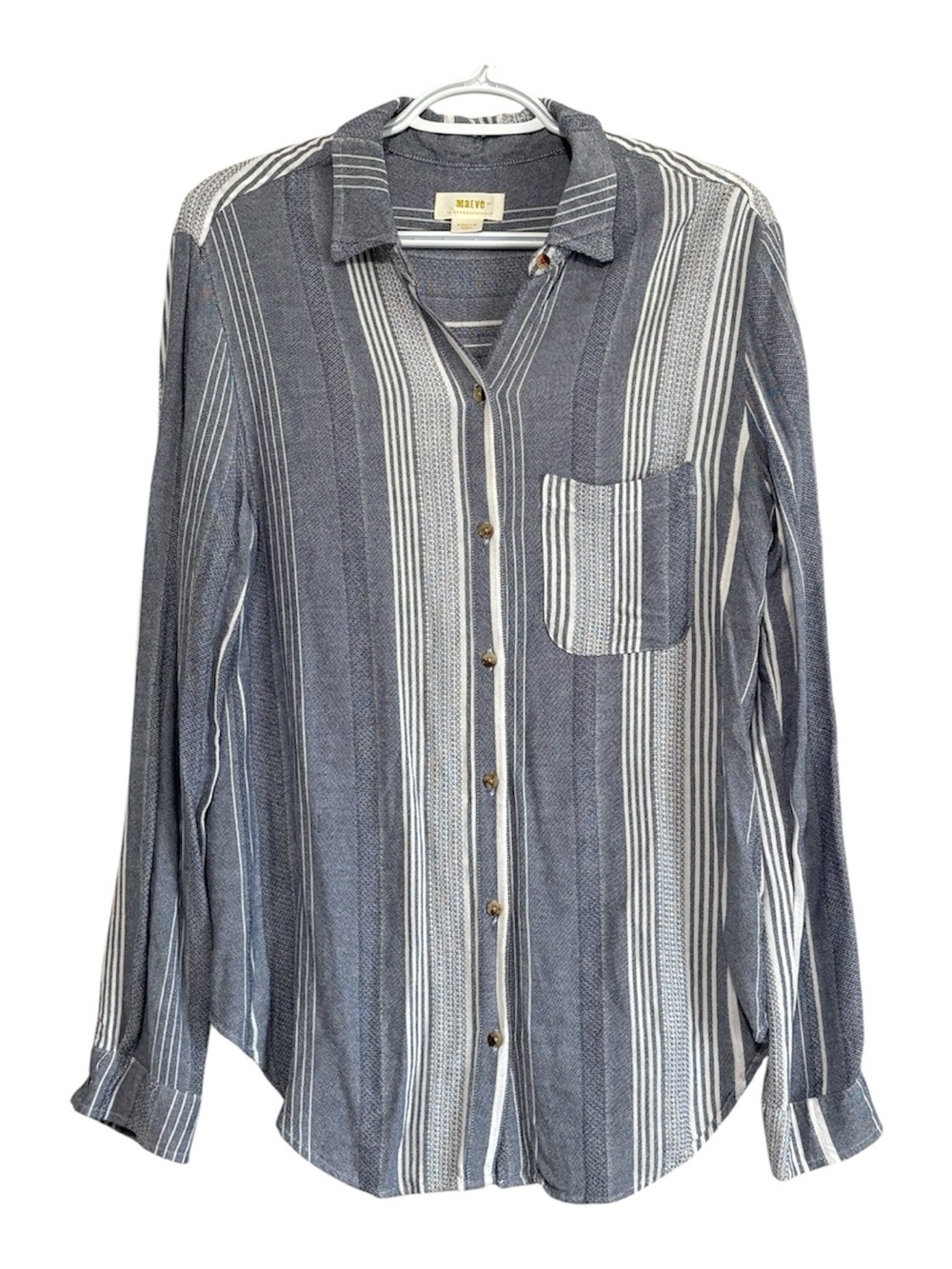 Maeve Women’s M Blue/White Striped Viscose Woven Collared LS Button-Up